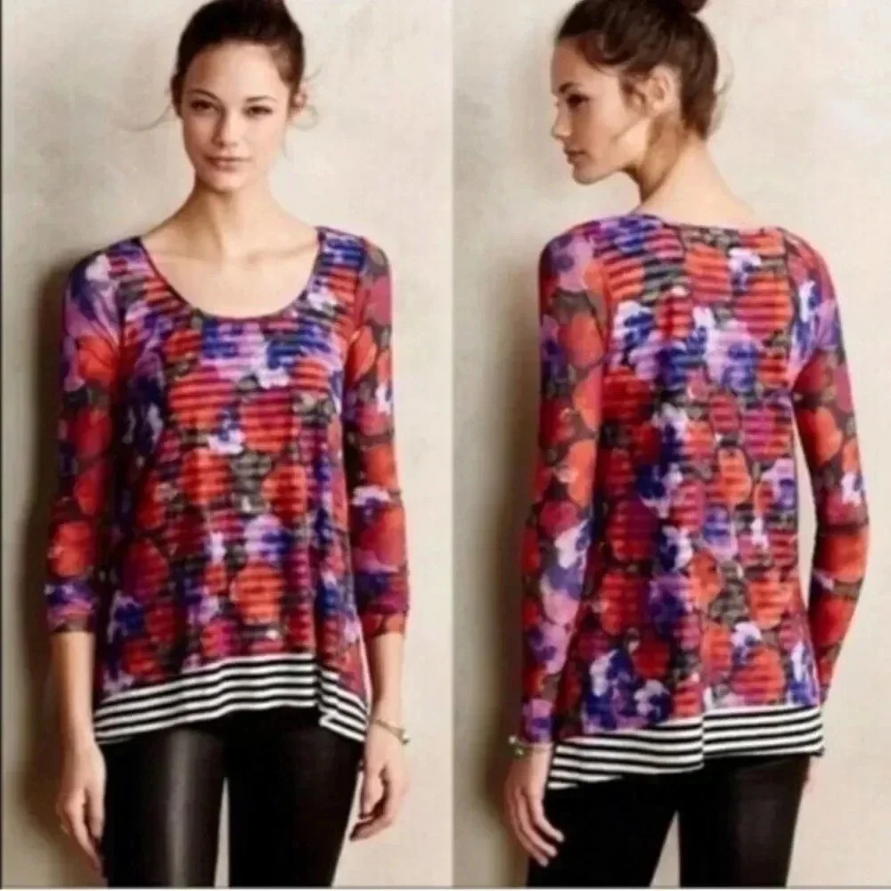 Anthropologie Weston Wear Floral Striped Long Sleeve Top Red Purple Size M
